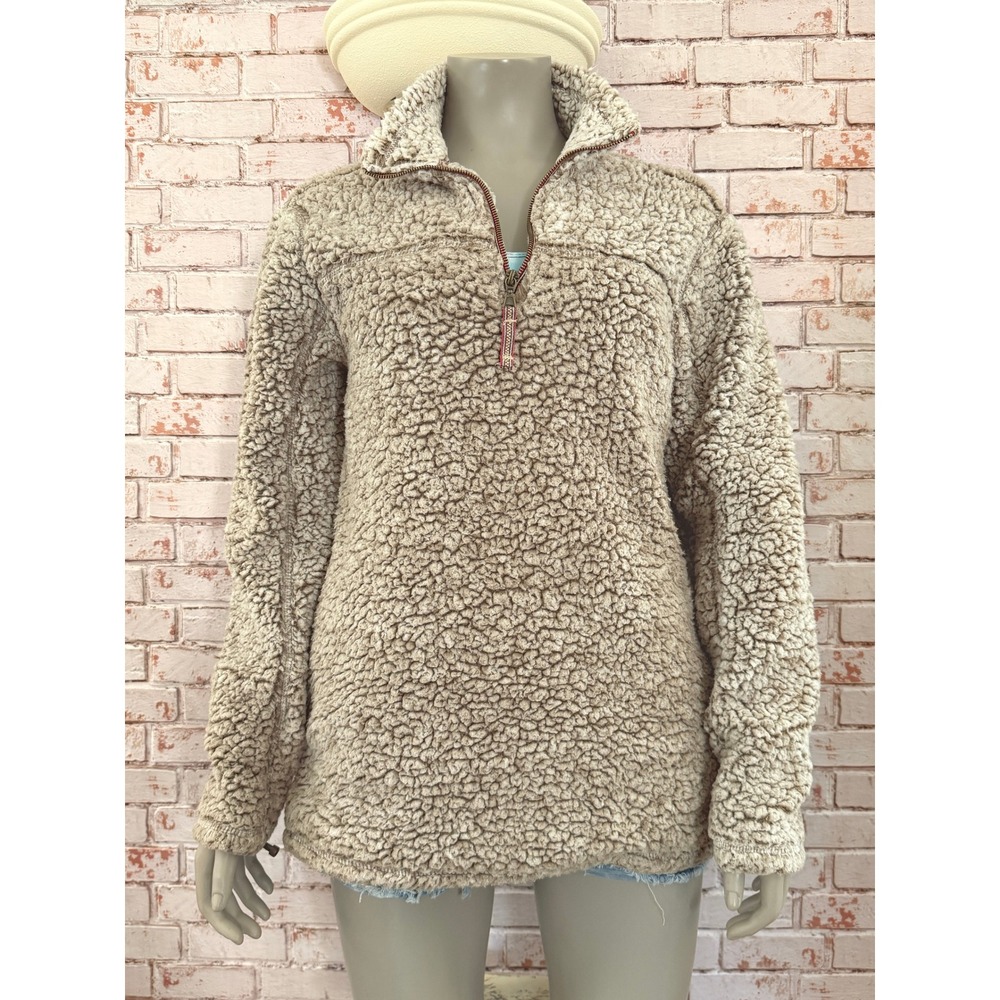 Alpine Sherpa Tan Beige Quarter Zip Faux Shearling Pullover Fleece Med Earthy